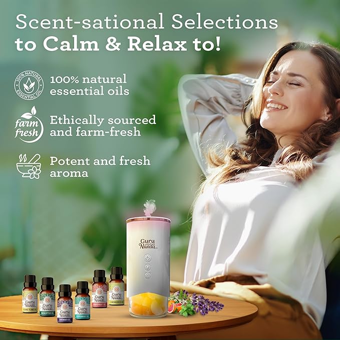 GuruNanda Essential Oils Set for Diffusers, 100% Pure, Aromatherapy, Massage, Candle & Soap Making Lavender, Peppermint, Eucalyptus, Grapefruit, Lemongrass, Ylang Ylang 0.33 Fl Oz (Pack of 6)