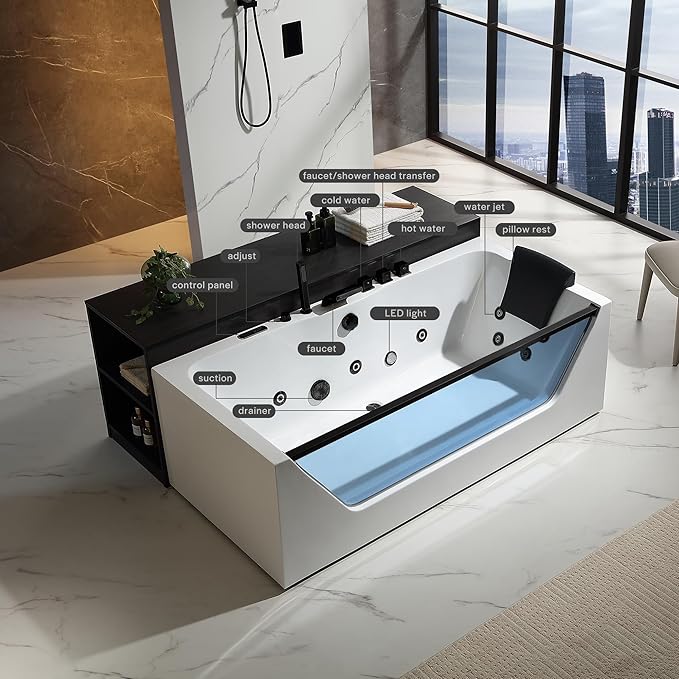 Empava Acrylic Whirlpool Bathtub, 71-Inch Jetted Bathtub with Heater, 10 Jets Hydromassage with Chromatherapy, 3-Side Apron with LED Control Panel, Waterfall, Black Hardware and Nozzles