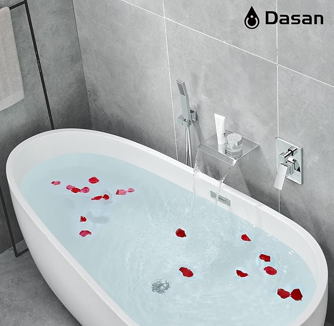 Upgraded Wall Mount Tub Filler Faucet with Handheld Shower, DASAN Modern Wall Mounted Bathtub Faucet Chrome High Flow Waterfall Tub Faucet with Rough in Valve, SA-TF04WH-PC