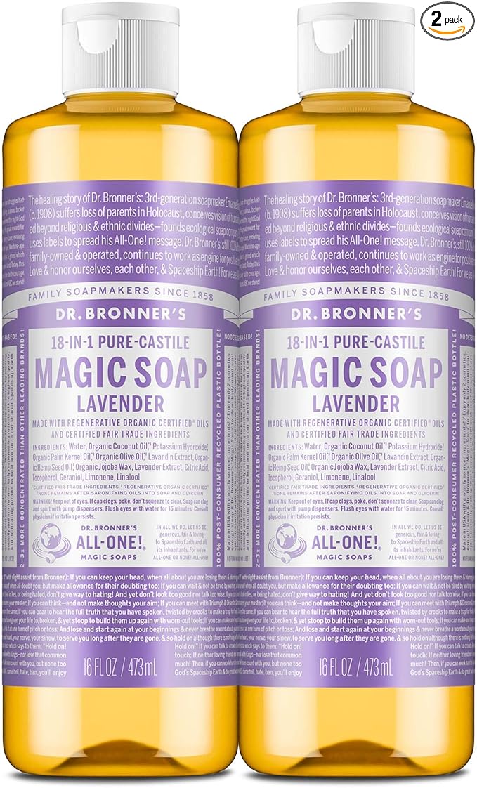 Dr. Bronner's Pure-Castile Magic Liquid Soap (Lavender, 16 Ounce, 2-Pack)- Made with Regenerative Organic Certified Oils, 18-in1 Uses: Face, Hair, Hand & Body Soap, Laundry, Pets- Concentrated, Vegan