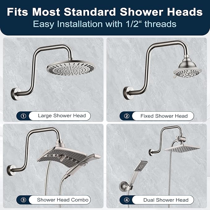 BRIGHT SHOWERS 13 Inch Shower Head Extension Arm with Flange S Shaped High Rise Extender, Long Stainless Steel Rainfall Shower Head Pipe Arm, Brushed Nickel