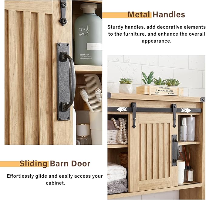 Bathroom Wall Cabinet, Farmhouse Medicine Cabinet with Sliding Barn Door & Adjustable Shelves, Wall Mounted Storage Cabinet for Toilet, Kitchen, Living Room (Natural Oak)