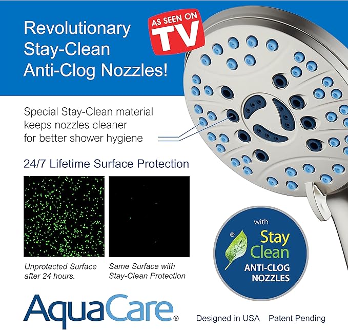 Hotel Spa AquaCare As-Seen-On-TV High Pressure Handheld & Rain 50-mode 3-way Shower Head Combo with Anti-clog Jets, 2-mode Tub & Pet Power Wash, Extra Wall Bracket, 6 ft. Hose, Nickel Finish