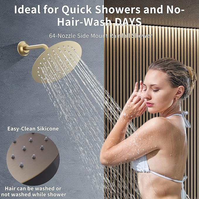 12Inch Brushed Gold Ceiling Shower System & 8Inch Wall-Mount Shower Faucet Set, 2 in 1 Handheld with Adjustable Slide Bar Included Temperature Display Valve and Trim Kit Can Work At Once