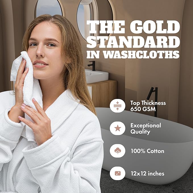 Wealuxe White Washcloths 48 Pack - 600 GSM 100% Ring-Spun Cotton Wash Cloths for Showering, Highly Absorbent and Soft | 12x12 Inches
