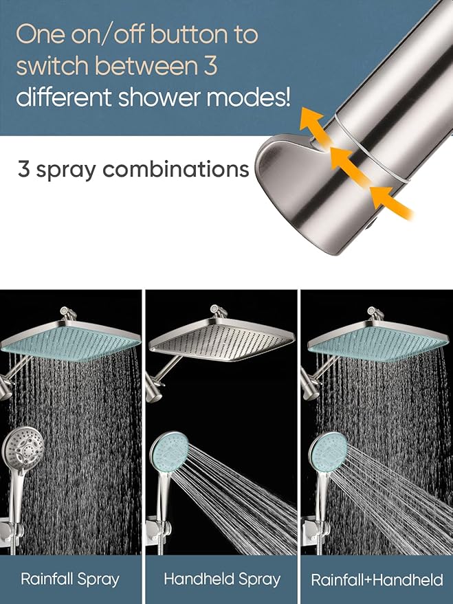 Cobbe 12'' High Pressure Rain Shower Head with Extension Arm - Dual Shower Heads with 8 Modes Handheld Spray Combo - Wide RainFall shower with Anti-Clog Nozzles, Adhesive Showerhead Holder, Brushed