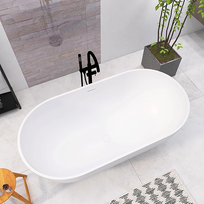 59 Inch Freestanding Bathtub Oval Shaped Solid Surface Resin Stone soaker Freestanding Tubs Matte White Soaking Tub with Overflow and Pop-up Drain (white)307-1500