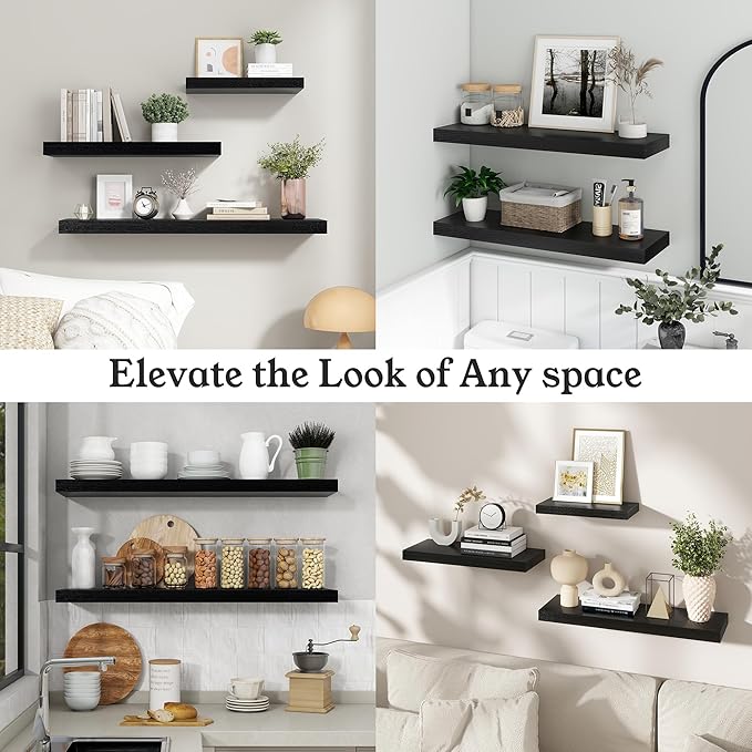 Floating Shelves for Wall, 7.9" Deep Wall Mounted Wood Shelves for Bathroom, Bedroom, Living Room, Kitchen, Hanging Shelf for Books/Storage/Room Decor (Black, 16")