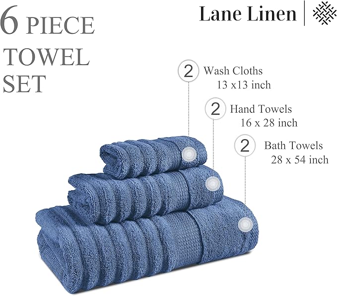 LANE LINEN Bathroom Towel Set - Premium Quality 100% Cotton Bath Towels Set of 6 Large Size - Quick Dry, Absorbent Hotel Towels for Bathroom Luxury - Includes 2 Bath, 2 Hand & 2 Wash Cloths - Denim