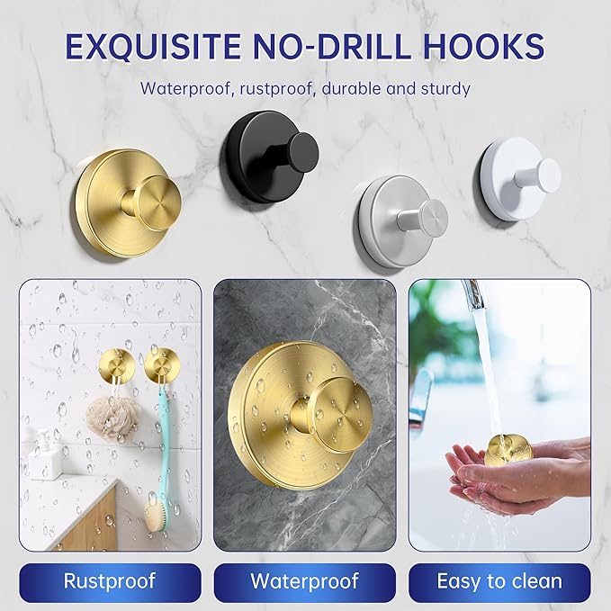luckin smile Suction Cup Hooks for Shower, No-Drill Removable Towel Hook for Bathrooms, Shower Hooks, Suitable for Bathrooms, Kitchens, Windows, Glass, Powerful Suction Cup Hook (4, Gold)