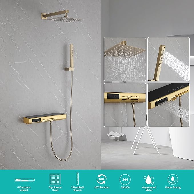 Brushed Gold Rain Shower System Combo: 10" Wall-Mounted Shower Fixtures with 2-in-1 Handheld Spray, Shower Valve with Body Jets, and Waterfall Spout Shower Faucet Set