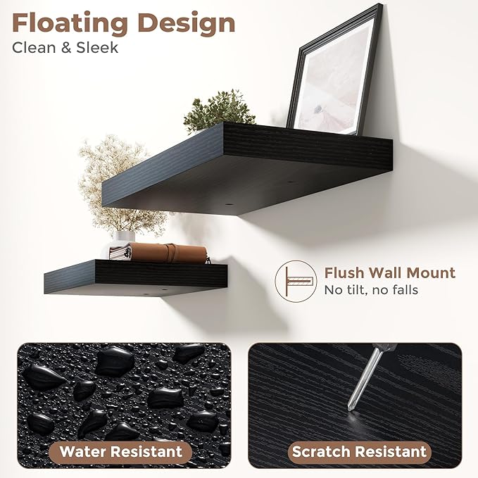 12 Inch Square Floating Shelves for Wall 2 Pack, 12"D Wood Grain Bathroom Shelves with Invisible Brackets, Easy Install Engineered Wood Storage Shelves for Kitchen, Living Room, Bedroom, Black Finish