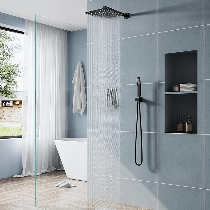 WELLFOR 12-In Wall Mounted Rain Shower Faucet with Single Handle and Handheld Spray, Waterfall Dual Head Shower Head System with 2-way Diverter, Pressure-balanced Valve Included, Matte Black