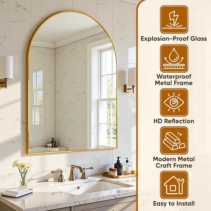 Arched Mirror 24"x36", Bathroom Mirror, Wall Mounted Vanity Mirror with Arch Metal Frame for Bathroom, Over Sink, Bedroom, Living Room, Flat Frame, Gold