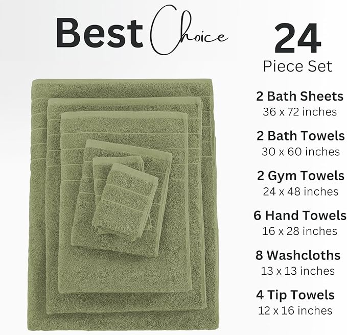 Casa Platino 100% Mercerized Cotton Bathroom Towel Set - 8 Pieces, Hotel Quality - Soft & Highly Absorbent - Ring Spun - 2 Large Bath Towels, 4 Washcloths, 2 Hand Towels - Family Pack - Oil Green