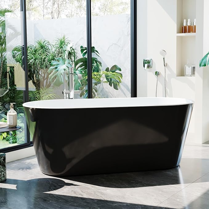 59 Inch Freestanding Bathtub, Acrylic Soaking Bathtub with Chrome Drain and Overflow, Standalone Ergonomic Tub for Bathroom Relaxation, Deep Design for Family and Guest Use, White+Black