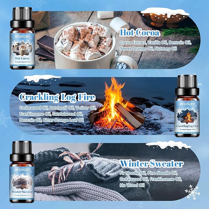 Winter Essential Oils Set, 6 Premium Holiday Fragrance Oil for Diffuser, Candle & Soap Making, Frozen Magic, Winter Wonderland, Hot Cocoa, Frosted Fir, Warm Sweater, Log Fire, Scented Oils for Home