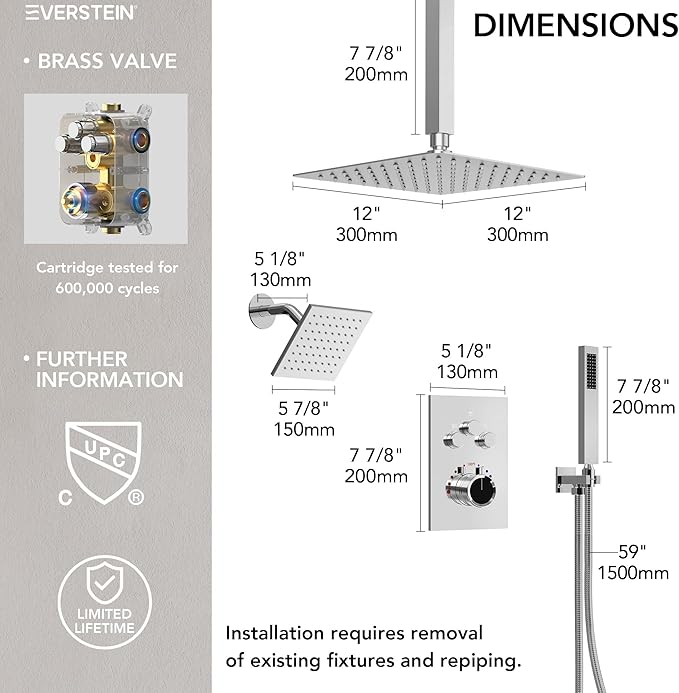 Ceiling Mount 12" High-Pressure Rainfall Shower Faucet, Dual Rainfall Shower Head System with Valve (Polished Chrome)