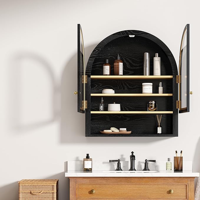 Large Arched Wall Cabinet with Acrylic Door, Wood Wall Mounted Bathroom Cabinet, Modern Hanging Medicine Cabinet with Adjustable Shelf and Open Shelf, Black/Oak