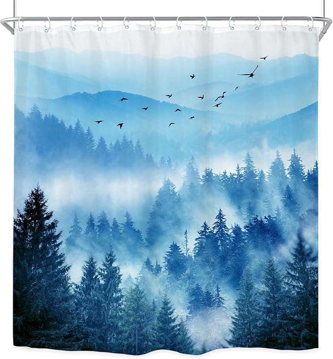 Riyidecor Navy Blue Shower Curtain，Mountain Nature Woodland Scenery，Park Scene View Natural Foggy Pine Tree Alpine Cool Designer Bathroom Decor Fabric Polyester Waterproof 12 Pack Hooks 72Wx72H Inch
