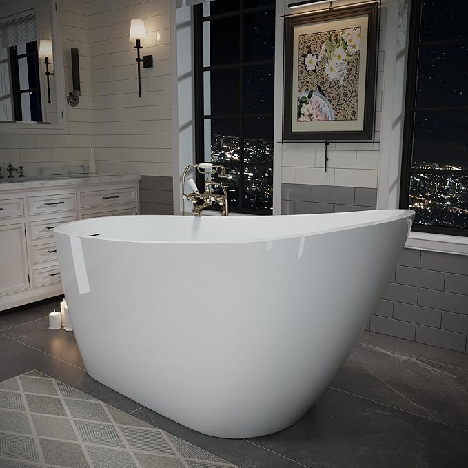 ABRUZZO 55" Acrylic Freestanding Bathtub - Deep Soaking Tub with Pop-Up Drain & Overflow, Glossy White Standalone Bathtub for Modern Bathroom, Fiberglass Reinforced Construction