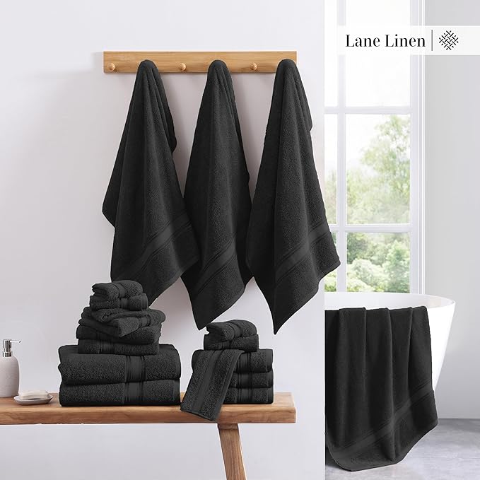 LANE LINEN Luxury Bath Towels Set - 6 Piece Set, 100% Cotton Bathroom Towels, Zero Twist, Quick Dry Shower Towels, Absorbent Bath Towel, Super Soft, 2 Bath Towels, 2 Hand Towels, 2 Wash Cloths - Black