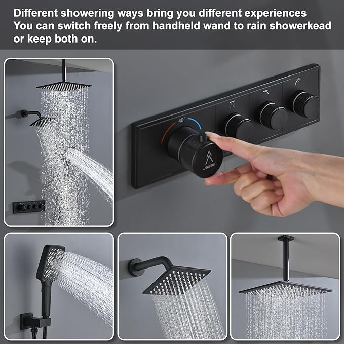 Shower System Brass Thermostatic Shower Faucet Set With Valve and Diverter Shower Mixer With Rain Head and Handheld High Pressure Square Rainfall
