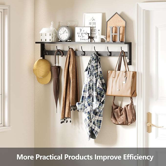 AMBIRD Coat Rack Wall Mount, Wood Coat Hooks with Shelf, Wall Key Holder with Shelf in Entryway, Kitchen, Living Room, Bathroom, Bedroom (Black)
