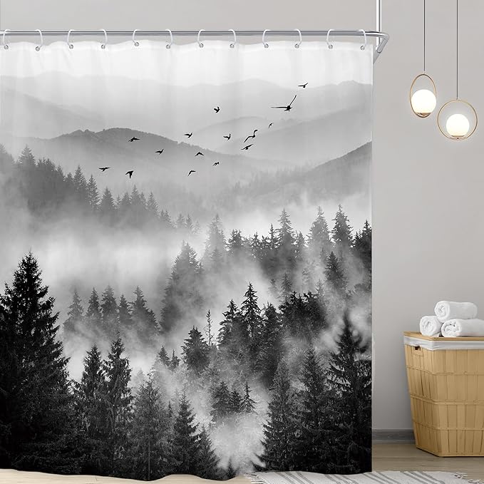 Riyidecor Black and White Shower Curtain 72Wx96H Inch Extra Long Mountain Scenery Nature Pine Tree Cool for Mens Scene View Landscape Bathroom Decor Fabric Polyester Waterproof 12 Pack Hooks