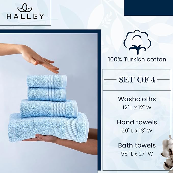 HALLEY Turkish Cotton Towels (Set of 4) 1 Bath Towel 1 Hand Towel 2 Washcloths, Super Soft Highly Absorbent 100% Cotton Towels for Bathroom and Kitchen for Mother’s Day (Powder Blue)