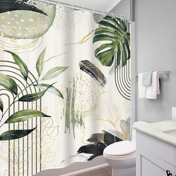 Grey Green Boho Shower Curtain 60Wx72H Tropical Palm Leaves Abstract Mid Century Modern Bohemian Minimalist Gold Leaf Plant Bathroom Decor Botanical Bath Curtain Fabric Polyester 12 Pack Hooks