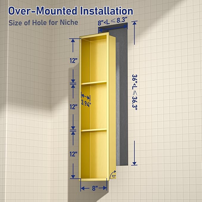 Stainless Steel Shower Niche 8"×36" with 3-Tier Shelve Gold No Tiled Needed Niche Shower for Wall Recessed Shower Shelf for Bathroom Storage