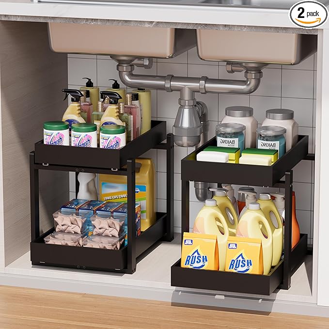 Bamboo Wood Under Sink Organizer 2 Pack, Pull Out Cabinet Organizer 2 Tier Under Sink Organizers and Storage with Sliding Drawer Sturdy Easy Assembly for Kitchen Bathroom Undersink, Black