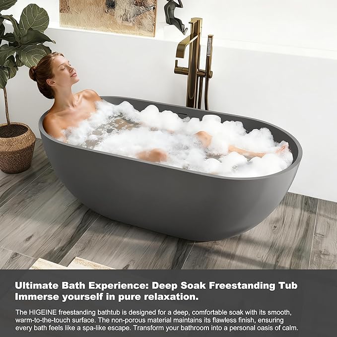 59" Premium Solid Surface Free Standing Bathtub, Oval Stone Resin Tub with Overflow and Pop-up Drain, Matte Dark Grey