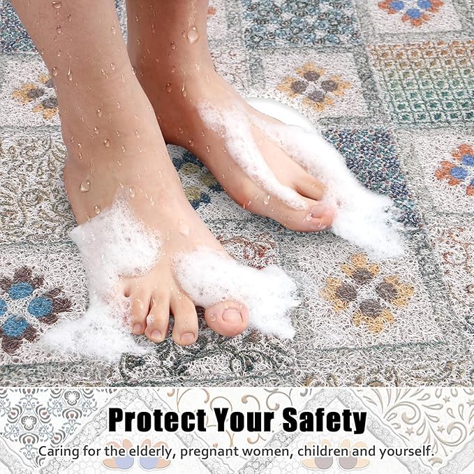 Square Shower Mat Non Slip: 31x31 Inch Extra Large Shower Floor Mat with Drain Hole in Middle - Soft PVC Loofah Bath Mat for Shower - Anti Slip Shower Stall Mat for Elderly and Kids