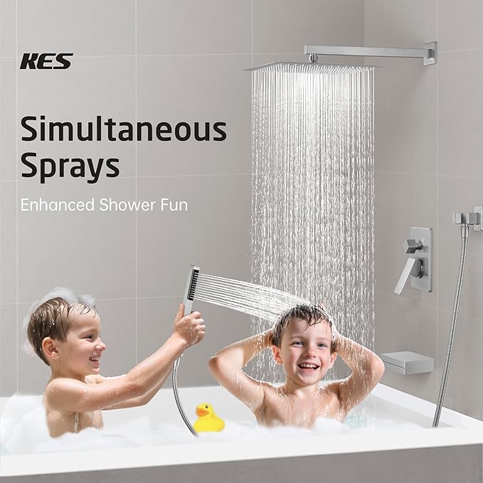 KES Shower Faucet Set 12 Inch Rain Shower Head 3-Function Shower System with Tub Spout Rainfall Shower Head with Handheld Shower, Pressure Balance Valve Brushed Nickel, XB6305F18S12-BN
