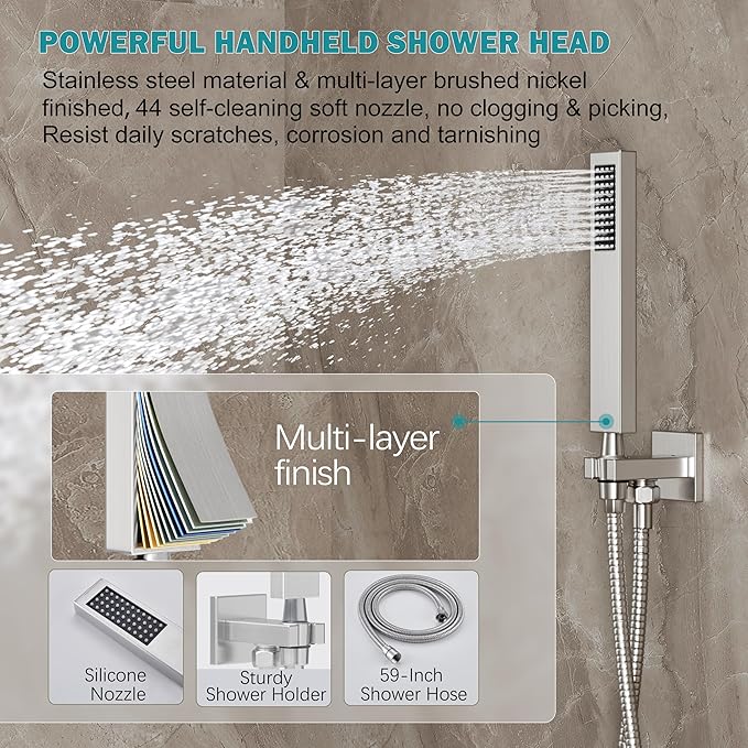 Shower System, Brushed Nickel Shower Faucet Set with 12-Inch Rain Showerhead and Handheld Spray, Wall Mounted High-Pressure Showerhead Combo Set Included Valve and Trim, Brushed Nickel