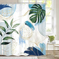 Blue Boho Shower Curtain 72Wx72H Modern Mid Century Abstract Blue Gold Tropical Leaves Palm Minimalist Plant Bathroom Decor Geometric Arch Bath Curtain Fabric Polyester 12 Pack Hooks