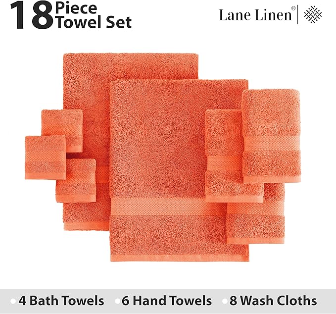 LANE LINEN 100% Ring Spun Cotton Luxury Bath Towel Set, 18 PCs - 4 Bath Towels, 8 Washcloths, 6 Hand Towels for Bathroom - Sustainably Produced & Pet Friendly, Oeko-Tex Certified - Tiger Lily