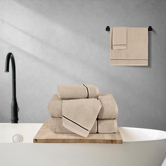 MyOwn Ultra Soft 6 Pack Cotton Towel Set, Contains 2 Bath Towels 28x55 inch, 2 Hand Towels 16x24 inch & 2 Wash Coths 12x12 inch, Ideal Everyday use, Compact & Lightweight - Tan