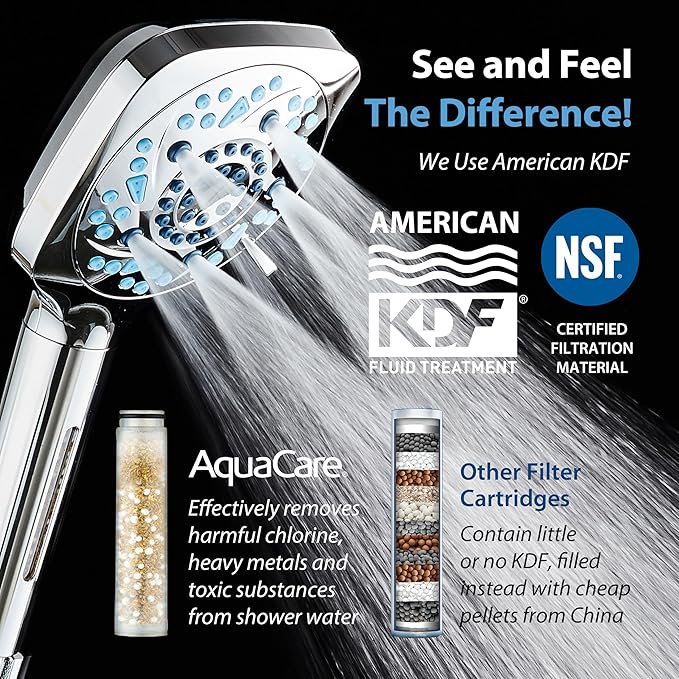 6-way High Pressure 82 Spray Mode Filtered Showerhead Combo - Handheld Shower Head Filters Chlorine to Heal Dry Skin, Revive Hair - Dual Power Wash Cleans Tub, Tile, Pets - Hard Water Softener, Chrome