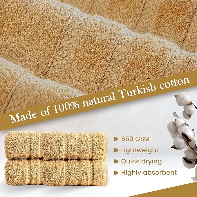 HALLEY Turkish 4 Pack Premium Hand Towels (4 Pieces) 650 GSM Highly Absorbent Super Soft 100% Cotton - 4 Hand Towels (Yellow)