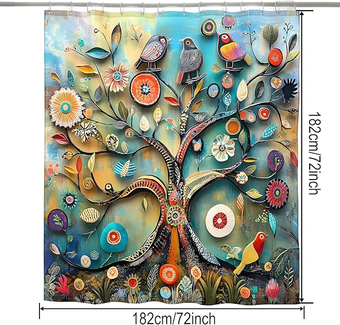 Bohemian Shower Curtain, Boho Floral Print Water Repellent Polyester Fabric for Bathroom Decor, 72×72 Inch Standard Size with 12 Hooks, Also as Room Divider