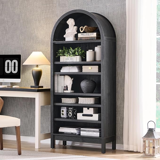 71" Tall Arched Bathroom Storage Cabinet, 7-Tier Modern Farmhouse Storage Cabinet with Adjustable Shelves, Wood Freestanding Cabinet for Bathroom, Living Room, Entryway, Hallway (Dark Grey)