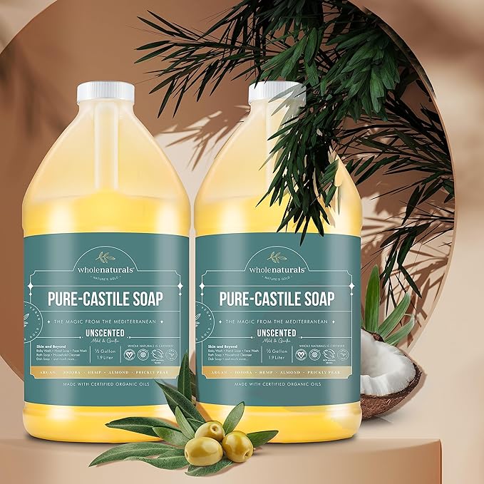 WHOLENATURALS Pure Castile Soap Liquid Unscented, EWG Verified & Certified Palm Oil Free-1 gallon (64oz x2 bottles) Natural, Mild & Gentle Non-gmo & Vegan-Organic Body Wash, Laundry & Baby Soap