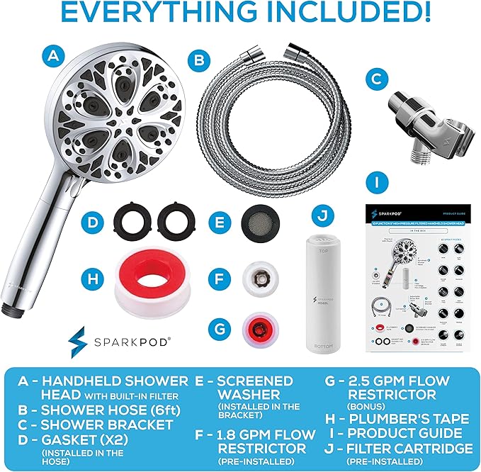 SparkPod 10-Mode Handheld Shower Head with Filter - 5" High Pressure Filtered Shower Head with Touch-to-Clean Nozzles, Built-In Power Jet, Stainless Steel 6ft Hose & Bracket (Polished Chrome)