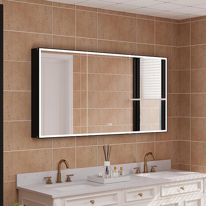 WELLFOR 60" X 30" LED Mirrored Medicine Cabinet, Medicine Cabinets with Lights for Bathroom, Defogging Function Mirror Cabinet, Bathroom Medicine Cabinet with USB Port & Outlet, Three Opening Doors