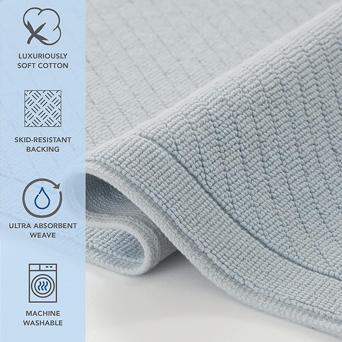 Arkwright 100% Cotton Bathroom Rug - High Absorbent Stylish Textured Woven Design Bath Mat, Slip Resistant Backing for Shower and Bathtub Floor, 17x24 in - Blue