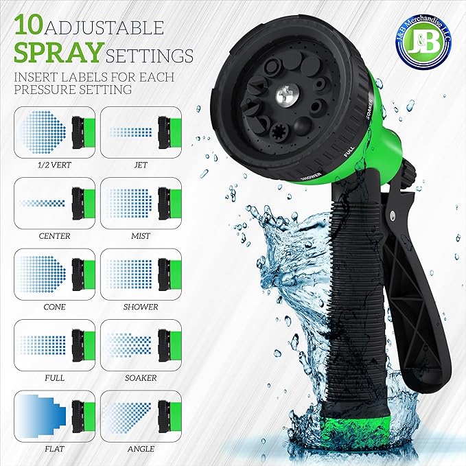 J&B XpandaHose 75ft Expandable Garden Hose with Holder - Heavy Duty Superior Strength 3750D - 4 -Layer Latex Core - Extra Strong Brass Connectors and 10 Spray Nozzle w/Storage Bag (Green 75)
