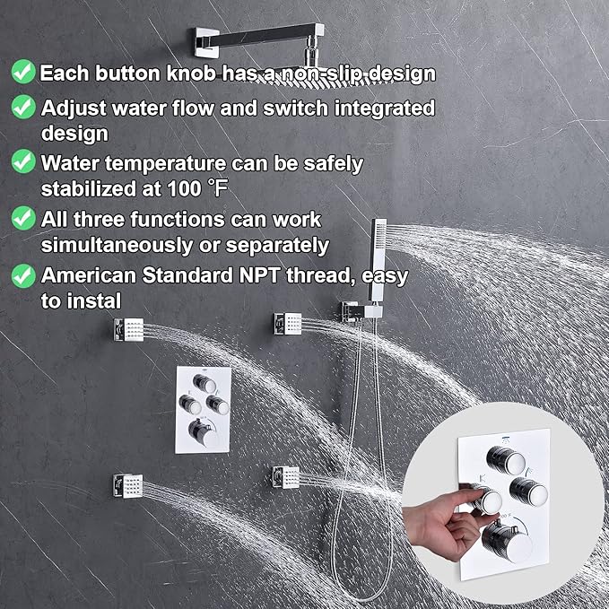 Push Button 3 Way Thermostatic Shower Diverter Valve, Concealed 3 Outlet Multi Function Brass Mixer Shower Valve Kit Can Control Flow and On-Off Simultaneously, Polished chrome
